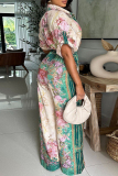 Light Blue Floral Print V Neck Short Sleeve Casual Vacation Wide Leg Jumpsuits