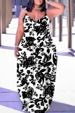 Green Graphics Print Backless Spaghetti Strap Sleeveless Vacation Loose Long Maxi Slip Dresses