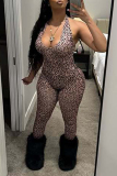 Brown Leopard Print Sleeveless Backless Halter Skinny Jumpsuits