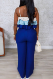 Blue Sleeveless Spaghetti Strap Tiered Layer Cami Crop Tops And Wide Leg Pants Casual Vacation Two Pieces Trouser Sets