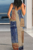 Blue Khaki Faux Denim Print Sleeveless U Neck Spaghetti Strap Casual Outing Vacation Loose Maxi Slip Dresses
