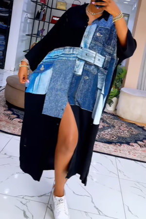 Black Faux Denim Print Turndown Collar Long Sleeve Buckle Casual Loose Vacation Maxi Shirt Dresses