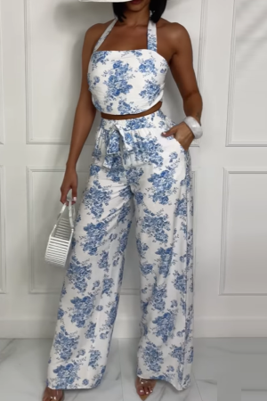 White Blue Floral Print Backless Sleeveless Pocket Lace Up Halter Crop Tops And Wide Leg Pants Casual Vacation Two Pieces Trouser Sets