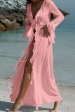 Black Long Sleeve Ruffled Trim High Slit Beach Vacation Swimwears Cover Up