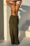 Army Green Backless Sleeveless Strap Design Hollow Out Slit Casual Vacation Halter Maxi Dresses