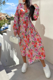 Pink Floral Print V Neck Long Sleeve Vacation A Line Maxi Shirt Dresses