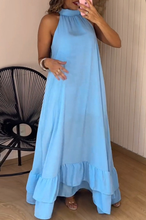 Light Blue Sleeveless Half A Turtleneck With Belt Ruffle Hem Casual Vacation Maxi Dresses