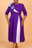 Purple 3D Flowers Decor O Neck Half Sleeve Formal Office Lady Casual Plus Size A Line Pleated Maxi Dresses