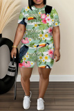 Green Floral Print O Neck Short Sleeve Oversize Floral T-Shirt And Shorts Casual Two Pieces Shorts Sets