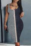 Navy Blue Graphics Print Sleeveless U Neck Knee Length Casual Outing Bodycon Vest Midi Dress