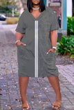 Red Blue Casual Graphics Print Basic V Neck Short Sleeve Loose Pockets Midi T-Shirt Dress