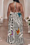 Beige Colorblock Chain Newspaper Print Backless Sleeveless Loose Plus Size Halter Maxi Dresses