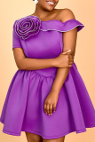 Purple 3D Flowers Decor Oblique Collar Single Sleeve Formal Evening Party Prom A Line Plus Size Pleated Mini Dresses
