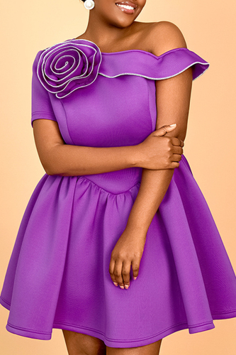 Purple 3D Flowers Decor Oblique Collar Single Sleeve Formal Evening Party Prom A Line Plus Size Pleated Mini Dresses