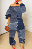 Blue Faux Denim Print Off Shoulder Long Sleeve Casual Vacation Harem Leg Jumpsuits