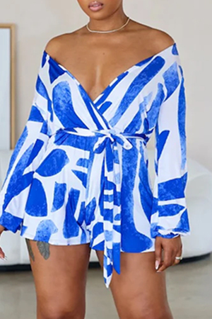 Blue Graphics Print V Neck Long Sleeve Belted Casual Vacation Romper