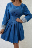 Denim Blue O Neck Long Sleeve Casual Lace Pleated Denim Mini Dresses