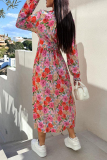 Pink Floral Print V Neck Long Sleeve Vacation A Line Maxi Shirt Dresses