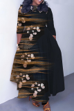 White Blue Graphics Print O Neck 3/4 Sleeve Belted Pockets Long Vacation Casual Pleated A Line Maxi Dresses