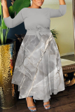 Khaki Graphics Print O Neck 3/4 Sleeve Belted Pockets Long Vacation Casual Pleated A Line Maxi Dresses