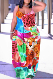 Yellow Green Graphics Print Backless Spaghetti Strap Sleeveless Vacation Loose Long Maxi Slip Dresses