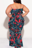 Blue Colorblock Colored Camouflage Print Diamonds Sleeveless Strapless Plus Size Bodycon Tube Maxi Dresses