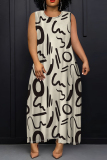 White Blue Graphics Print Sleeveless O Neck Casual Vacation Maxi Tank Dresses