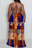 Beige Colorblock Chain Newspaper Print Backless Sleeveless Loose Plus Size Halter Maxi Dresses