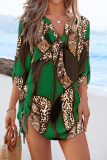 Blue Geometric Print V Neck Long Sleeve Draw String Casual Vacation Blouse