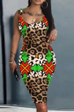Dark Green Graphics Print Sleeveless U Neck Knee Length Casual Outing Bodycon Vest Midi Dress