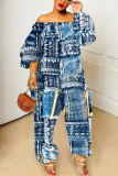 Blue Faux Denim Print Off Shoulder Long Sleeve Casual Vacation Harem Leg Jumpsuits