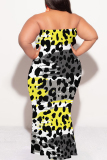 Blue Colorblock Colored Camouflage Print Diamonds Sleeveless Strapless Plus Size Bodycon Tube Maxi Dresses