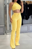 Yellow Backless Sleeveless O Neck Crop Tops And Strap Design Pants Casual Two Pieces Trouser Sets