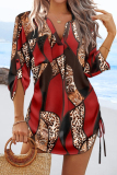 Blue Geometric Print V Neck Long Sleeve Draw String Casual Vacation Blouse
