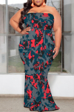 Blue Colorblock Colored Camouflage Print Diamonds Sleeveless Strapless Plus Size Bodycon Tube Maxi Dresses