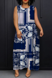 White Blue Graphics Print Sleeveless O Neck Casual Vacation Maxi Tank Dresses