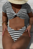 Black White Stripe Print Sleeveless Backless Crop Tops And Mini Shorts Bikini Sets Beach Vacation Swimwears