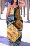 Blue Khaki Faux Denim Print Backless Spaghetti Strap Sleeveless Vacation Loose Long Maxi Slip Dresses