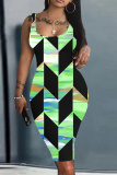 Blue Graphics Print Sleeveless U Neck Knee Length Casual Outing Bodycon Vest Midi Dress