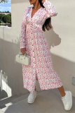 Pink Floral Print V Neck Long Sleeve Vacation A Line Maxi Shirt Dresses
