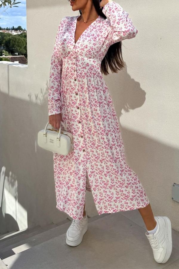 Pink Floral Print V Neck Long Sleeve Vacation A Line Maxi Shirt Dresses