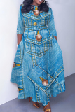 Blue Khaki Faux Denim Print O Neck 3/4 Sleeve Belted Pockets Long Vacation Casual Pleated A Line Maxi Dresses