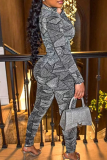 Silver Geometric Print O Neck Long Sleeve Crop Tops And Skinny Pants Casual Two Pieces Trouser Sets