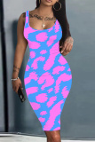Dark Green Graphics Print Sleeveless U Neck Knee Length Casual Outing Bodycon Vest Midi Dress