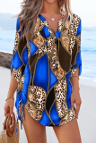 Blue Geometric Print V Neck Long Sleeve Draw String Casual Vacation Blouse