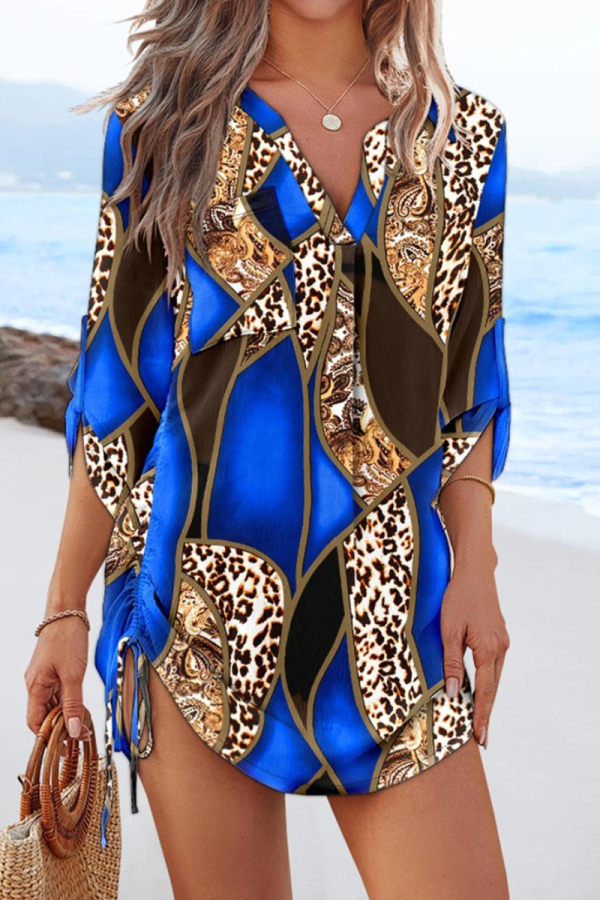 Blue Geometric Print V Neck Long Sleeve Draw String Casual Vacation Blouse