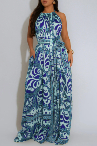 Blue Boho Graphics Print Sleeveless Backless Belted Casual Vacation Halter Wide Leg Jumpsuits