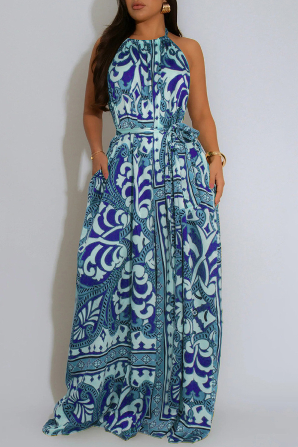 Blue Boho Graphics Print Sleeveless Backless Belted Casual Vacation Halter Wide Leg Jumpsuits