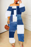 Blue Graphics Print Off Shoulder Long Sleeve Casual Vacation Harem Leg Jumpsuits
