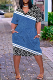 Red Blue Casual Graphics Print Basic V Neck Short Sleeve Loose Pockets Midi T-Shirt Dress
